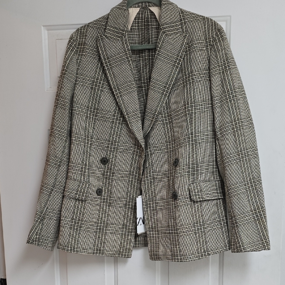 ZARA WOMAN NEW DOUBLE BREASTED HOUNDSTOOTH BLAZER BROWN